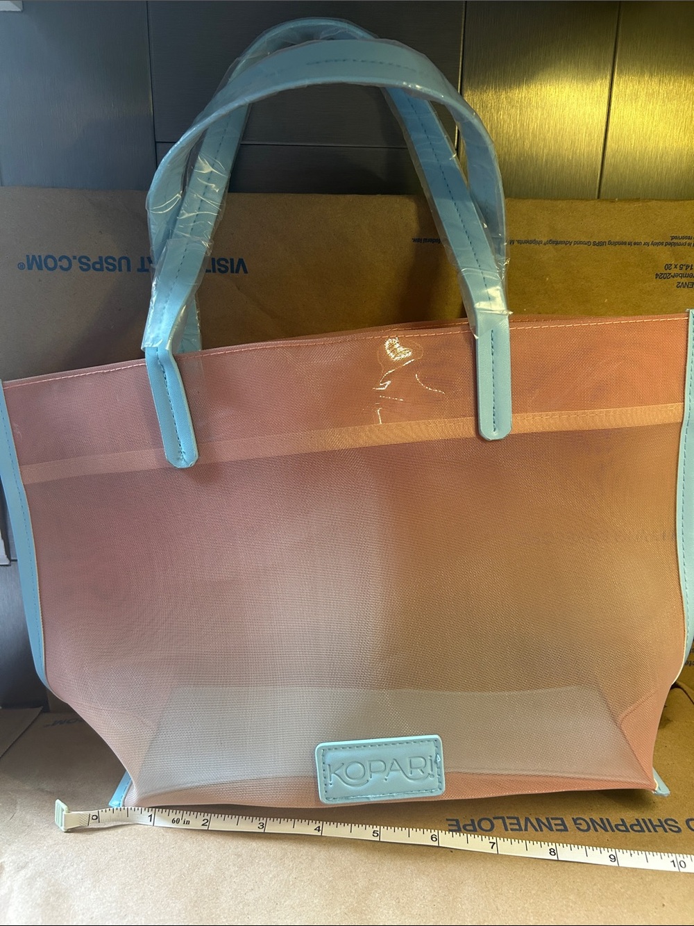 Kopari Pink Mesh Tote with Light Blue Trim